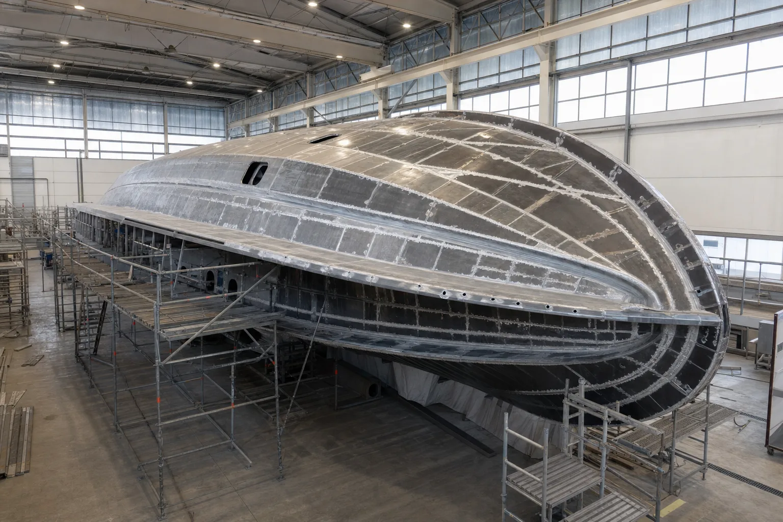 A large aluminium yacht hull under construction in a build shed