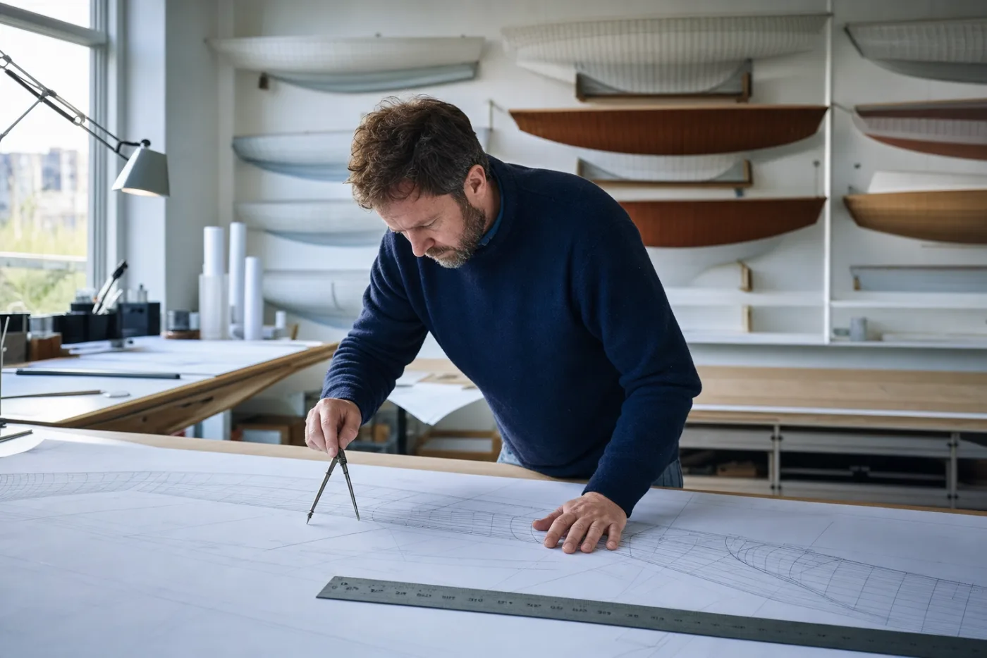 A naval architect working over lines drawings in a design studio